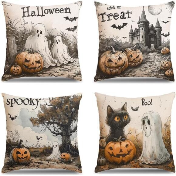 Set of 4 Halloween Pillow Covers -18x18 Inch 'Boo' Ghost & Evil Pumpkin Cushion - Picture 1 of 7